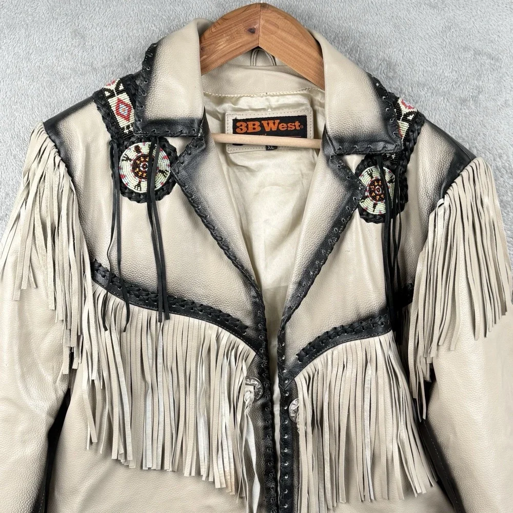 3B West By Tansmith Leather Jacket Size XL Gray Fringe Western Cowboy Aztec - Picture 6 of 15